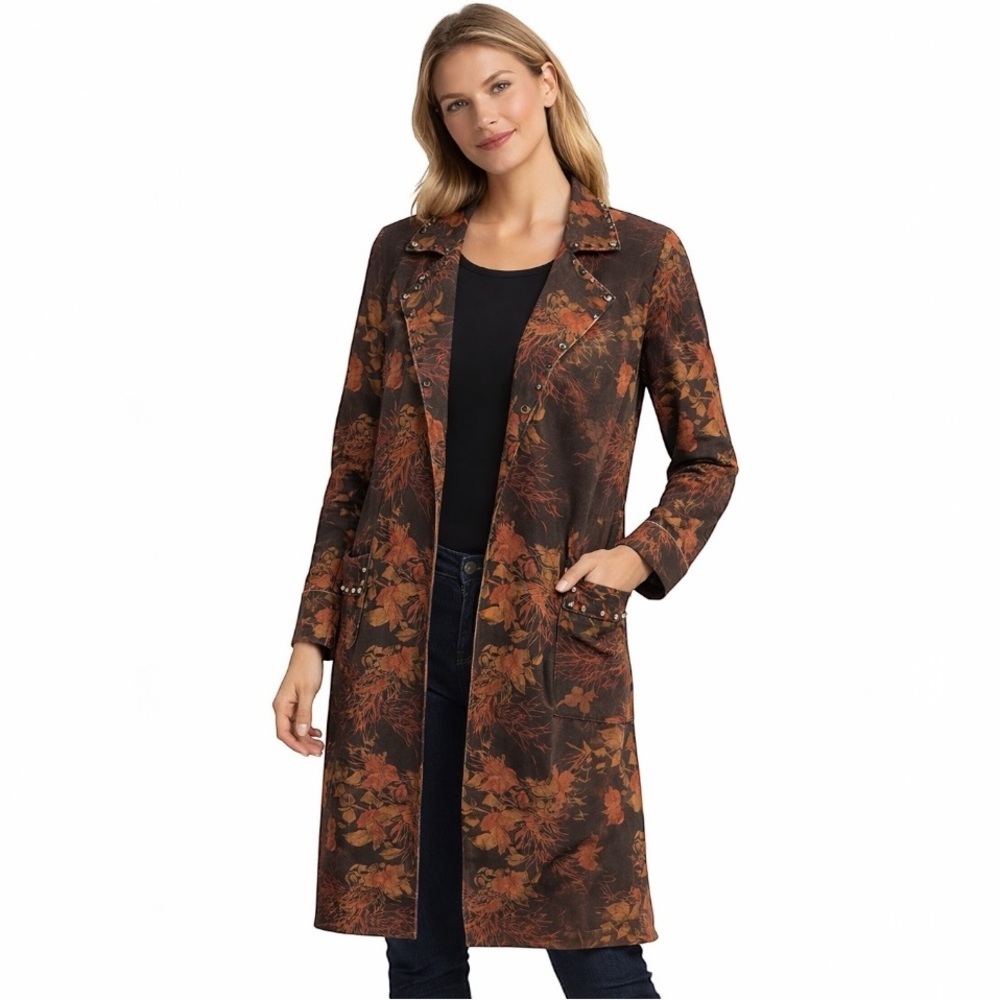 Sheryl Crow Boho Faux Suede Floral Trench Coat Brown Orange | Size Small